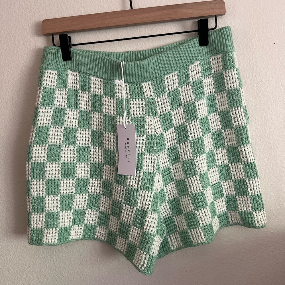 BaeVely Green & White Checkered Knit Shorts